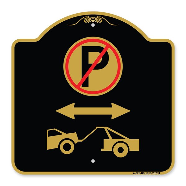 No Parking-Tow Away Zone W/ Graphic, Black & Gold Aluminum Sign, 18" x 18", BG-1818-23793